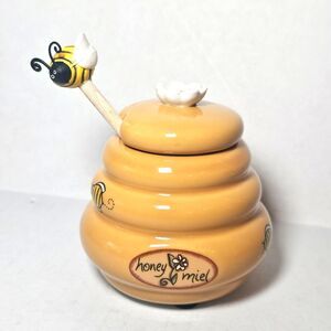 Mini Honey Pot Ceramic Jar & Wood Dipper Beehive with Bee Honey Miel
